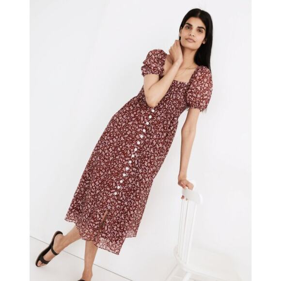 Madewell Lucie Smocked Button-Front Midi Dress S Batik Vine peasant cottagecore - Picture 1 of 9